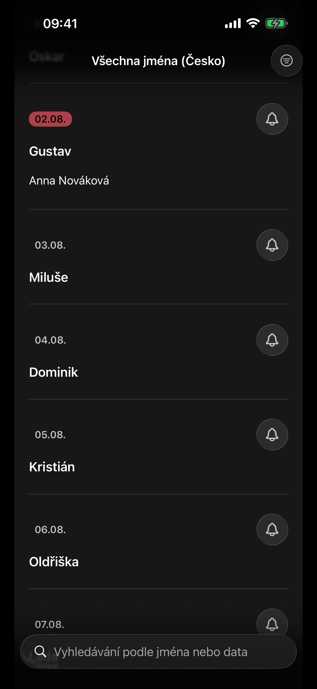 Kalendář všech jmen s vyhledáváním