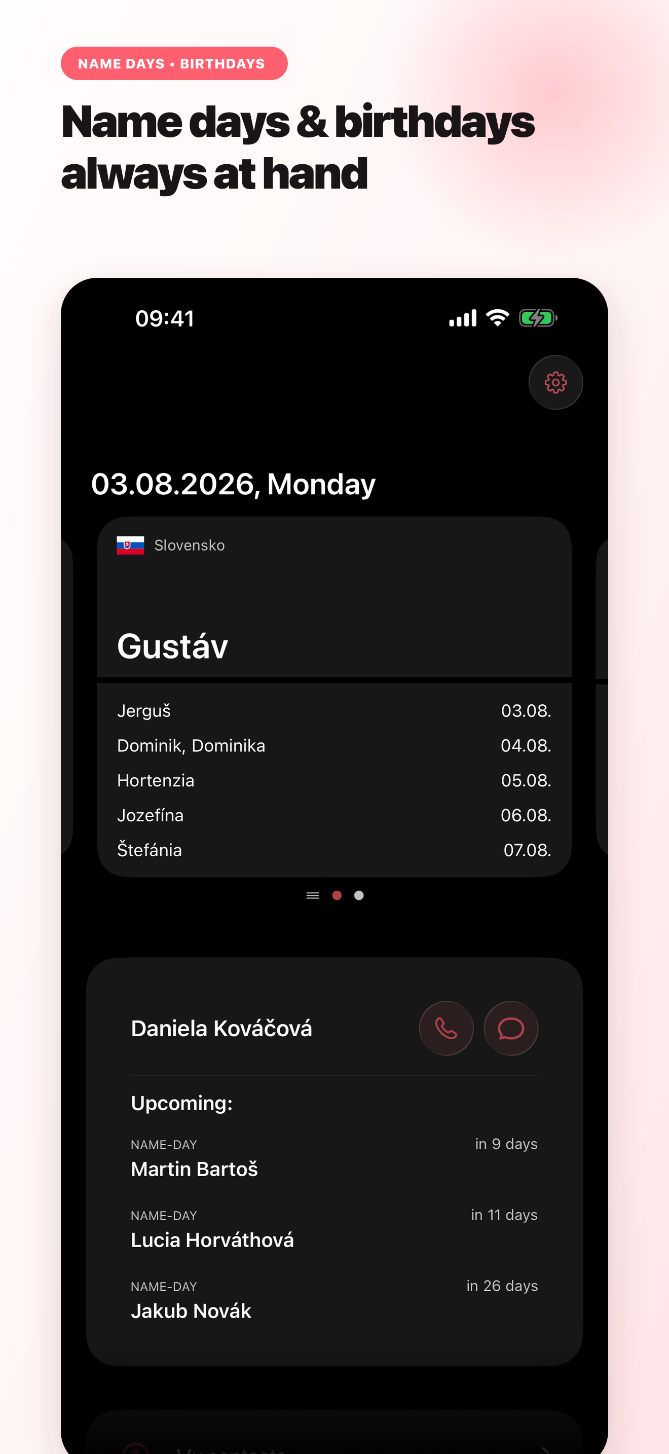 Name Day home screen with today's name and upcoming name-days