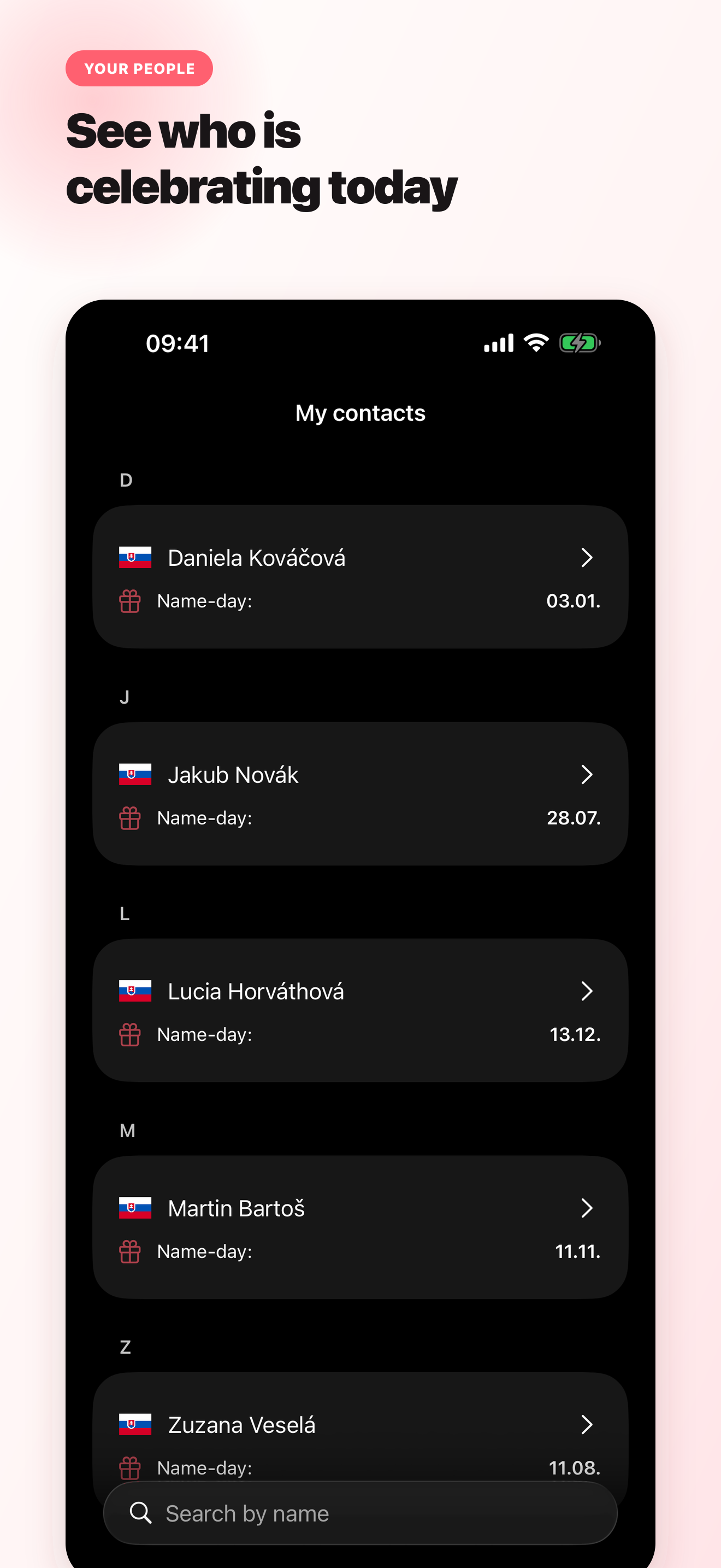 Contacts with name-days and birthdays